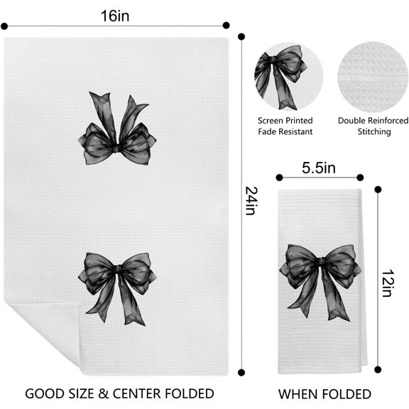 PYAN-Black Coquette Bow Knot Kitchen Towels Set of 2,Preppy Hand Towels for Bathroom,Preppy Bathroom Decor,Black Bow Ribbon Dish Towels Tea Towels for Kitchen,16x24 Inch
