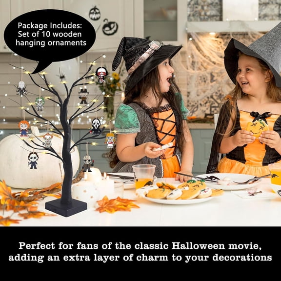 PYAN-Black Halloween Tree with LED Lights and Spooky Wooden Hanging Ornaments Horror Movie Ornaments, Light Up Halloween Decor