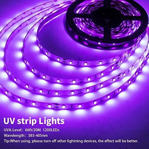 PYAN-Black Light Strip, 20M/66ft Flexible LED Light Strip Kit, 1200 Lamp Beads, 12V Black Light, Non-Waterproof for Indoor Fluorescent Dance Party, Stage, Birthday, Weeding Dark Party