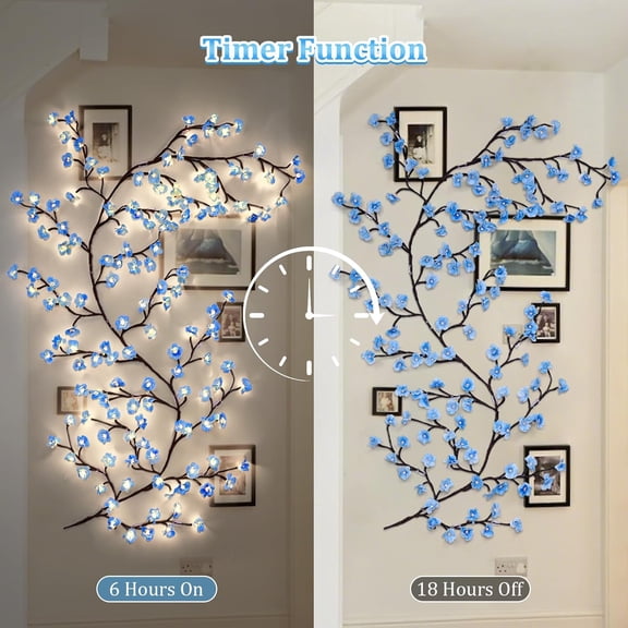 PYAN-Blue Cherry Enchanted Willow Vine Lights,4FT 48 LED Cherry Blossom Lights with Remote Timer,8 Lighting Modes,LED Tree Branch Light for Wall,Cherry Blossom Wall Decor for Bedroom Living Room Wind