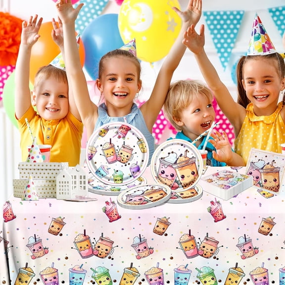 PYAN-Boba Tea Party Decorations,Bubble Tea Birthday Dinnerware Decoration Boba Tea Plate Napkins Tablecloth for Boba Birthday Party Decorations