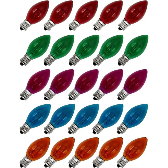 PYAN- Box of 25 Colored Light Bulbs, Random Blinking, 7 Watt, C7 Candelabra Base -Great for Night Lights and Christmas Strings