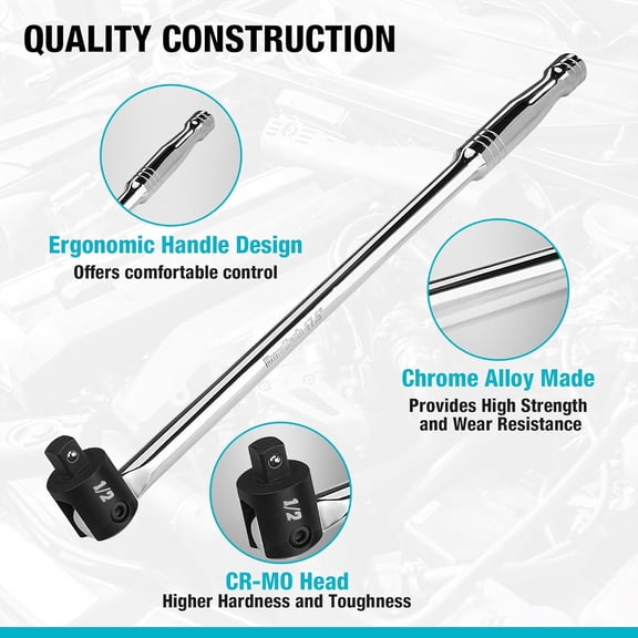 PYAN-Breaker Bar, 1/2'' Drive 17.5-Inch Breaker Bars Heavy Duty, with 240 Flex Head, Spring-loaded Detent Ball, Premium Chrome Alloy Made