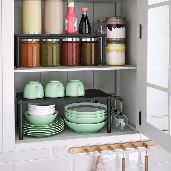 PYAN-Cabinet Organizer Shelf(Set of 2),Kitchen Counter Shelves,Bamboo Spice Rack Countertop and Cabinet,Stackable Expandable,Medium(Black)