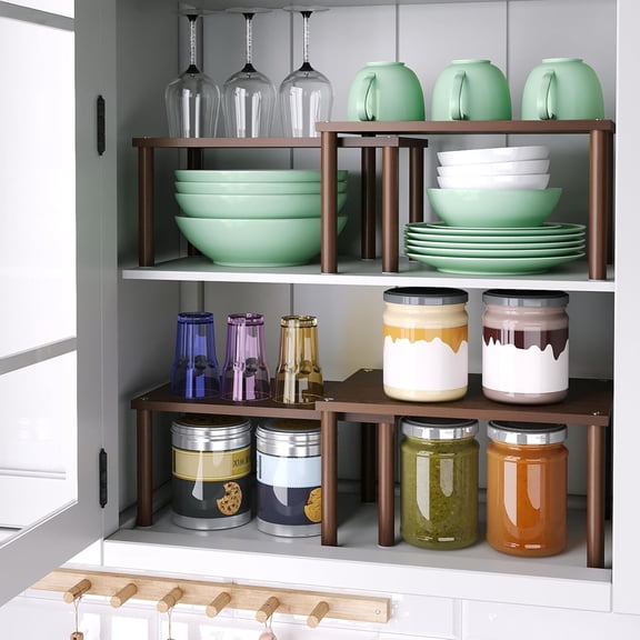 PYAN-Cabinet Organizer Shelf(Set of 2),Kitchen Counter Shelves,Bamboo Spice Rack Countertop and Cabinet,Stackable Expandable,Medium(Brown)