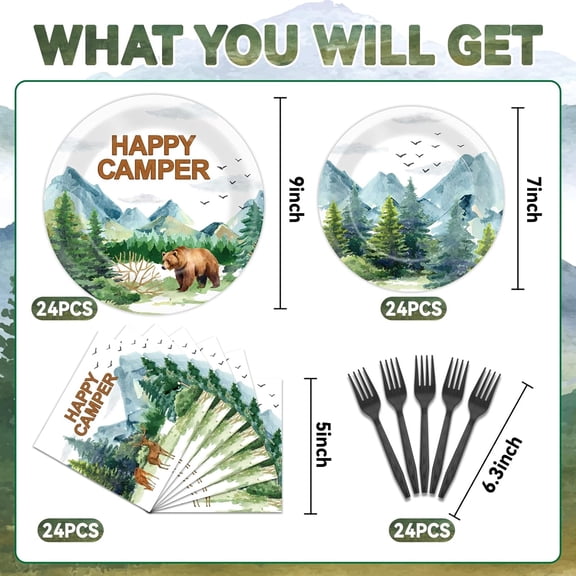 PYAN-Camping Party Plates Napkin Happy Camper Dinnerware Camping Adventure Themed Birthday Party Tableware Set Disposable Fork Supplies for Boys Girls Tournament Birthday Decorations Serve 24
