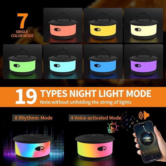 PYAN-Camping String Lights, 3 in 1 Upgraded Retractable RGB Outdoor String Lights with 19 Lighting Modes, Quick 30s Recovery, 32.8 FT Portable Tent Lights, Rechargeable Camping Lantern (Black)