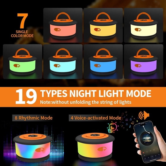 PYAN-Camping String Lights, 3 in 1 Upgraded Retractable RGB Outdoor String Lights with 19 Lighting Modes,Quick 30s Recovery, 32.8 FT Portable Tent Lights, Rechargeable Camping Lantern (Black&Orange)