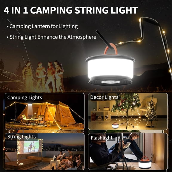 PYAN-Camping String Lights Rechargeable, 4-in-1 Quick Storage Tent Lights String, 32.8ft Waterproof Outdoor Portable Camping Light with 5 Modes, LED String Lights for Tent, Travel, Garden Decoration