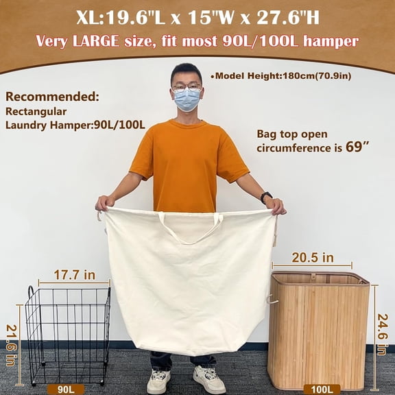 PYAN-Canvas Laundry Bags with Handles & Rectangular Base, 20"Lx15"Wx27.6"H Extra Large Heavy Duty Laundry Basket Hamper Liner Replacement, Washable Canvas Drawstring Dirty Clothes Bag