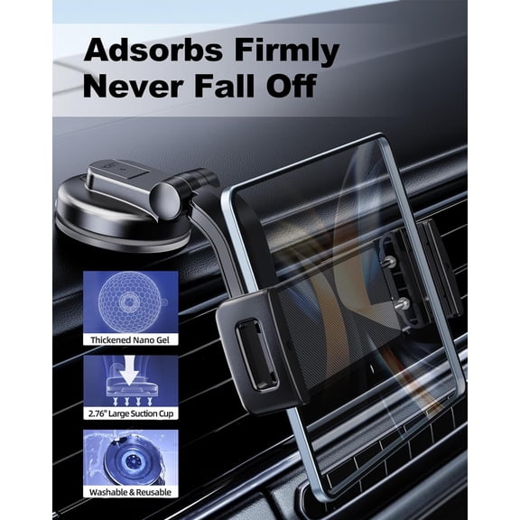 PYAN-Car Phone Mount for Samsung Galaxy Z Fold 7 6 5 4 3 2 Accessories, Folding/Tablet Suction Holder for Dashboard 360 Rotatable Fit for iPad Mini 6 iPad Pro Air Pixel Fold and More 4-12.9" Device