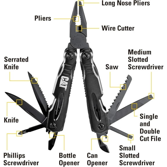 PYAN-Cat 13-in-1 Multi-Tool with Black Anodized Aluminum Handles Stainless Steel Blades, Pliers, Screwdrivers, Files & Openers, Durable EDC Tool for Work, Outdoors and Automotive Use - 980021
