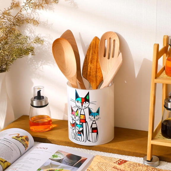 PYAN-Cat Kitchen Decor Acrylic Kitchen Utensil Holder Crock Spoon Organizer for Countertop Cat Table Decor Coffee Spoon Holder Jar for Cooking Tools