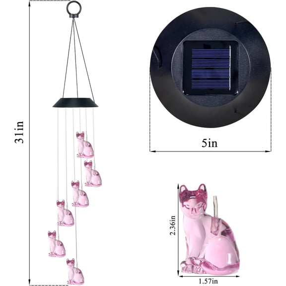 PYAN-Cat Solar Wind Chimes for Outside Colors Changing Waterproof Decorative Lights Gifts for Mom Solar Powered Mobile Hanging Wind Chime for Garden Patio Party Yard Window Indoor Outdoor Decor