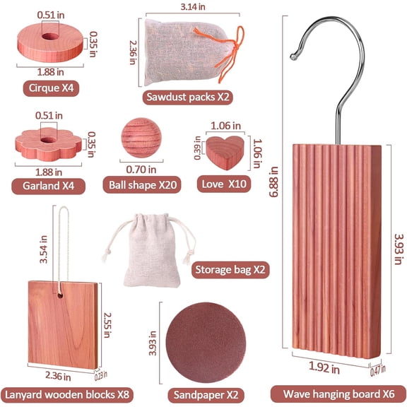 PYAN-Cedar Blocks for Clothes Storage 56 Pcs, 100% Aromatic Planks with Metal Hooks, Cedar Wood Chips and Balls for Closets and Drawers, Fresh Scented Sachets