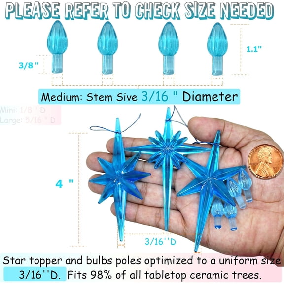 PYAN-Ceramic Christmas Tree Replacement Lights Bulbs, Aqua Blue Medium Twist Plastics Pegs Ornaments for Ceramic Tree(87 Bulbs 3 Topper Star)