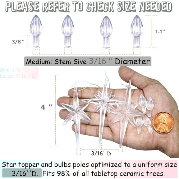 PYAN-Ceramic Christmas Tree Replacement Lights Bulbs, Clear White Medium Twist Plastics Pegs Ornaments for Ceramic Tree(87 Bulbs 3 Topper Star)