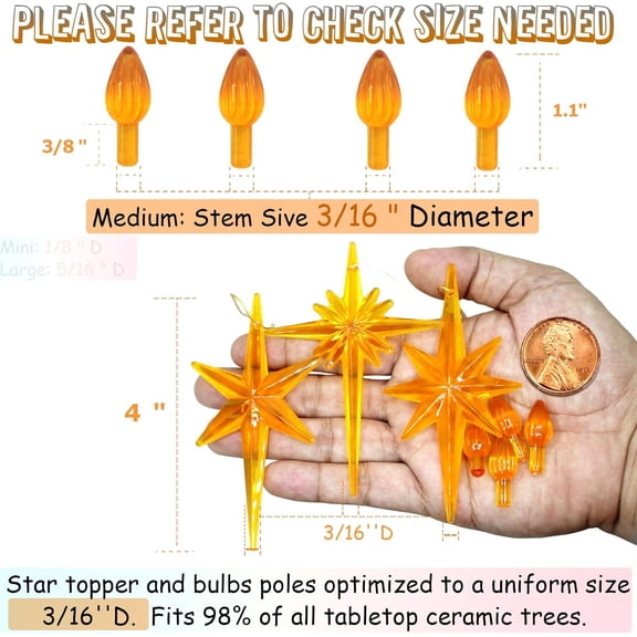 PYAN-Ceramic Christmas Tree Replacement Lights Bulbs, Orange Medium Twist Plastics Pegs Ornaments for Ceramic Tree(87 Bulbs 3 Topper Star)