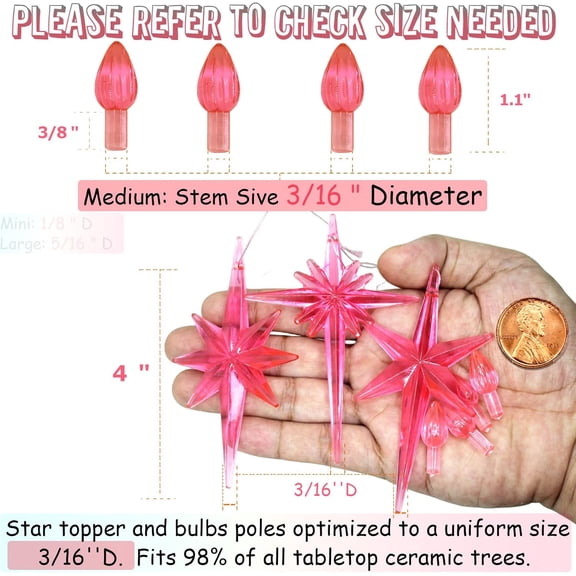 PYAN-Ceramic Christmas Tree Replacement Lights Bulbs, Pink Medium Twist Plastics Pegs Ornaments for Ceramic Tree(87 Bulbs 3 Topper Star)