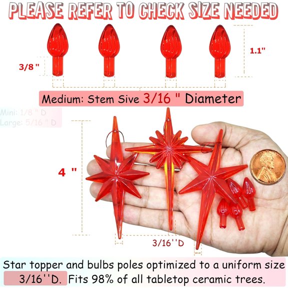 PYAN-Ceramic Christmas Tree Replacement Lights Bulbs, Red Medium Twist Plastics Pegs Ornaments for Ceramic Tree(87 Bulbs 3 Topper Star)