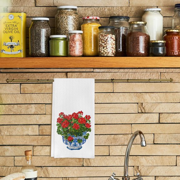 PYAN-Chinoiserie Blue and White Geranium Porcelain Towels - Kitchen Dish & Bath Hand Towels (16x24 Inches, 8)