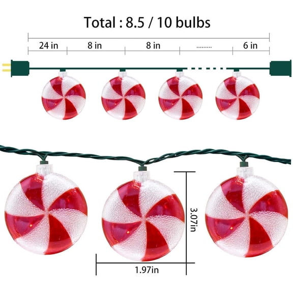 PYAN-Christmas Candy String Lights, 8.5Ft Peppermints Candy Lights with 10 Red White Incandescent Bulb, Novelty Christmas Lights for Home Patio Porch Tree Holiday Wedding Party Decoration