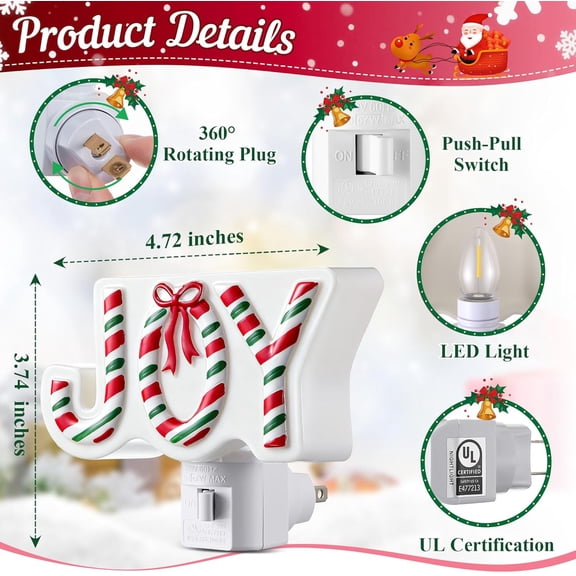 PYAN-Christmas Decorations Joy Bow Night Light, Christmas Joy Bow Night Lights Plug into Wall, Powered by C7 LED Bulb, 120v 60hz for Xmas Gift Home Office Bedroom Bathroom Xmas Indoor Use