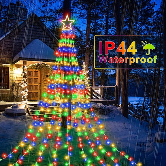 PYAN-Christmas Decorations Star String Lights, 320 LEDs Outdoor Waterfall Tree Lights with 13" Topper Star, Plug in Waterproof Hanging Fairy Lights for Xmas New Year Holiday Party Yard Patio Decor