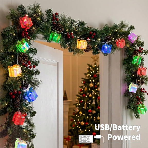 PYAN-Christmas Gift Box String Lights with Remote Timer,13ft 20 LED Iridescent Christmas Decoration, USB Battery Operated Fairy Lights for Xmas Tree Decor Fireplace Mantel Stairs Room Party (Multicol