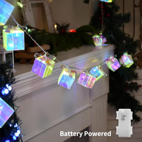 PYAN-Christmas Gift Box String Lights with Timer, 6.5ft 10 LED Iridescent Christmas Decoration, Battery Operated Fairy Lights for Xmas Tree Decor Fireplace Mantel Stairs Room Party (White)