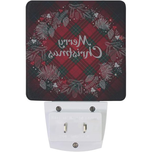 PYAN-Christmas Night Light, Christmas Monogram Wreath Tartan Plaid Night Light Set of 2 Plug-in Sensor LED Light Lamp