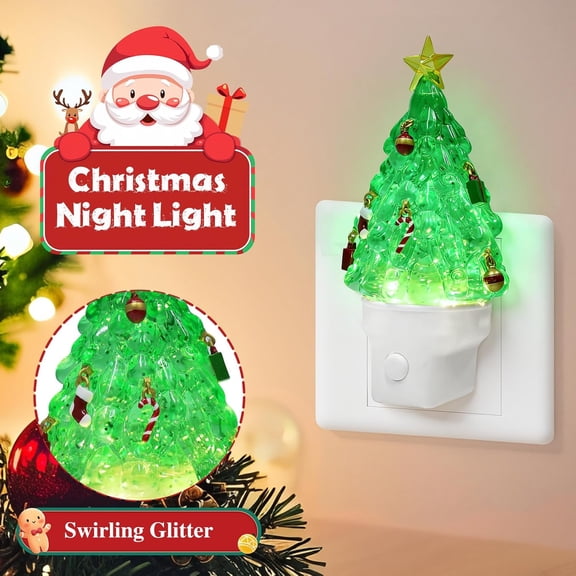 PYAN-Christmas Night Lights Plug into Wall Glitter Christmas Tree Nightlights with USB/Outlet Options, Xmas Night Lights Decorative for Bedroom Living Room Kitchen Nursery Holiday Decorations Gifts (