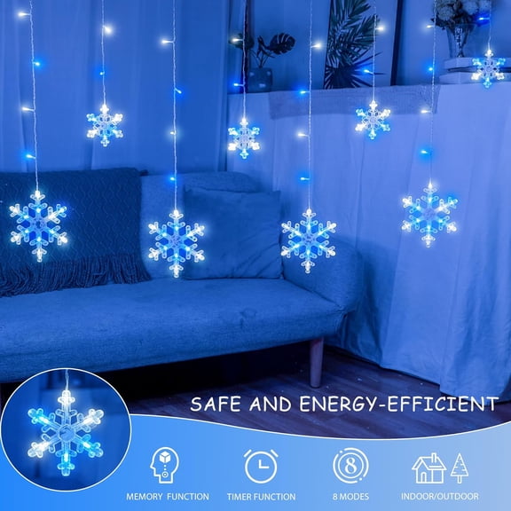 PYAN-Christmas Snowflake Icicle Lights,6.5ft 144LED Curtain Lights with 12 Drops,Timer 8 Modes Connectable,Waterproof Fairy Light for Eaves, Garden, Indoor Outdoor Xmas Decoration (Blue White)