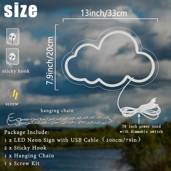 PYAN-Cloud Neon Sign Cute White Clouds LED Light Sign for Wall,13 * 7.9IN Dimmable USB Floating Clouds Light Up Sign for Living Room Kid Bedroom Nursery Birthday Christmas Wedding Party decor