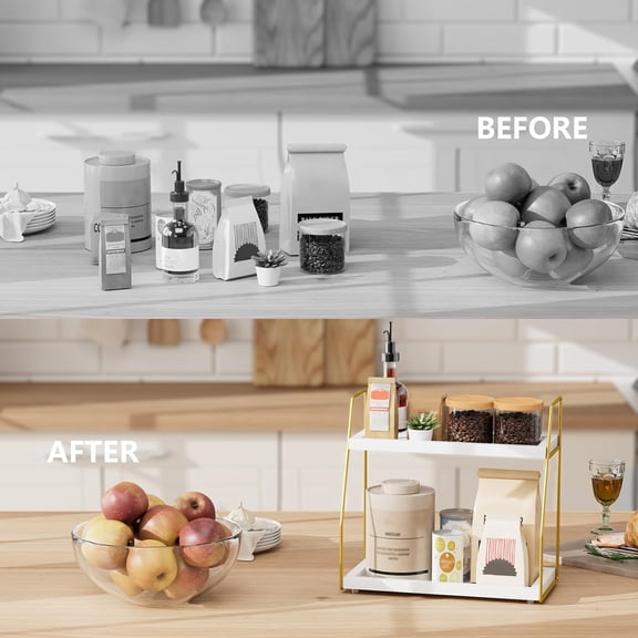 PYAN-Coffee Organizer Station for Countertop, 2 Tier Coffee Accessories for Coffee Bar, Wooden Shelf Gold Metal Station Organizer for Countertop, Kitchen