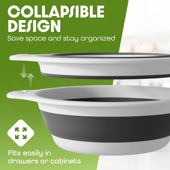 PYAN-Collapsible Colander Strainer, Includes Over-sink Countertop Draining Base (5QT) Large Kitchen Drainer for Vegetables Fruit and Pasta, Round Foldable Draining Basket, Easy Storage (White)