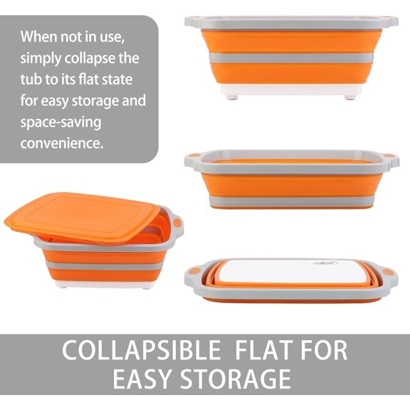 PYAN-Collapsible Cutting Board with Container, Foldable Camping Sink with Colander, BBQ Prep Tub with Lid, Multifunction Dish Basin for Kitchen, Bowl, Vegetable and Fruit, 2.11 Gal/8L Storage Basket