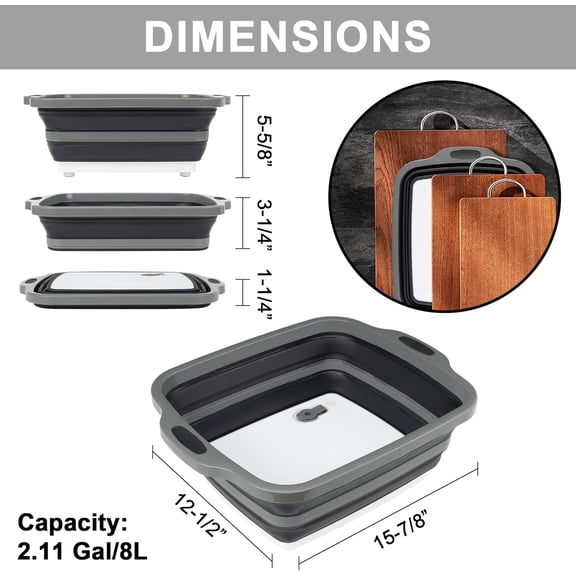 PYAN-Collapsible Cutting Board with Container, Foldable Camping Sink with Colander, BBQ Prep Tub with Lid, Multifunction Dish Basin for Kitchen, Bowl, Vegetable and Fruit, 2.11 Gal/8L Storage Basket