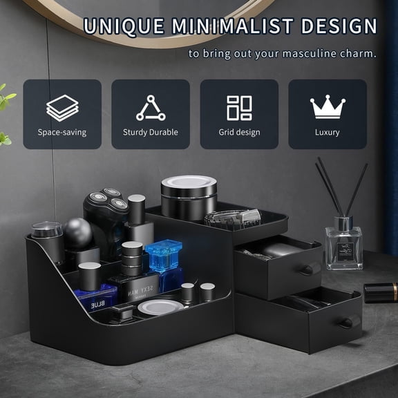 PYAN-Cologne Organizer for Men, Perfume Organizer, Perfume Storage Holder, Perfumes Display Shelf, Fragrance Stand with Drawer for Bathroom Dresser, Bedroom Accessories, Shaving Lotion (Black)