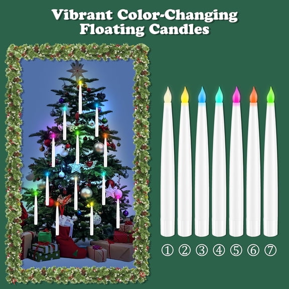 PYAN-Color Changing Floating Candles with Magic Wand Remote, Holiday Decorations Magical Hanging Candles, 12Pcs Flameless Taper Candle with Multi-Color Battery Operated Window Candles for Party Theme