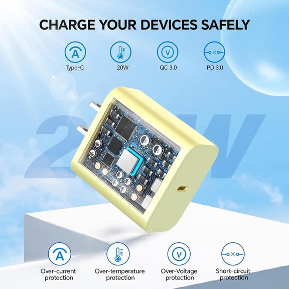 PYAN-Compatible with Phone 16 15 17 Charger, 20W Fast Charging Wall Charger Block Cubes with 6/10FT USB C to USB C Cable Compatible with Phone 15 16 17 Plus/Pro Max/Pad Pro - 2Pack Yellow