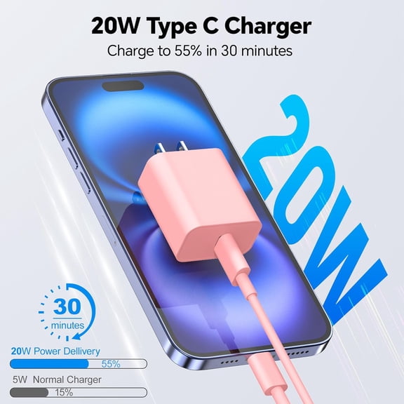 PYAN-Compatible with Phone USB C Charger Fast Charging,20W Type C Charger Block with 10FT USB C to C Cable(2Pack), Fast Charging Cable for Phone 17/16/15 Pro/Pro Max/Plus,Pad Pro/Air, Pink Blue