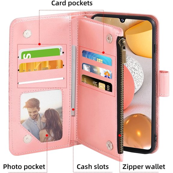 PYAN-Compatible with Samsung Galaxy A42 5G Wallet Case and Tempered Glass Screen Protector Leather Flip Card Holder Stand Cell Phone Cover for Glaxay A 42 G5 Gaxaly 42A S42 4G 2021 Women Rose Gold