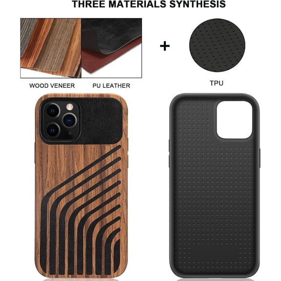 PYAN-Compatible with iPhone 12 Pro Case/iPhone 12 Case Wood Grain with Carbon Fiber Texture Design Leather Hybrid Slim Cover (Hairline)