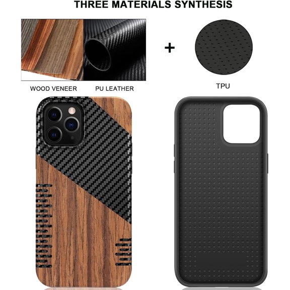PYAN-Compatible with iPhone 12 Pro Max Case Wood Grain with Carbon Fiber Texture Design Leather Hybrid Slim Case (Twill)