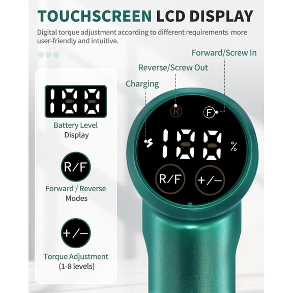 PYAN-Cordless Screwdriver, 3.7V Electric Screwdriver with LCD Touchscreen Display, 8 Torque Settings, Includes 15Pcs Bits with Carry Bag, USB Cable, Tool Kit for Home DIY Projects