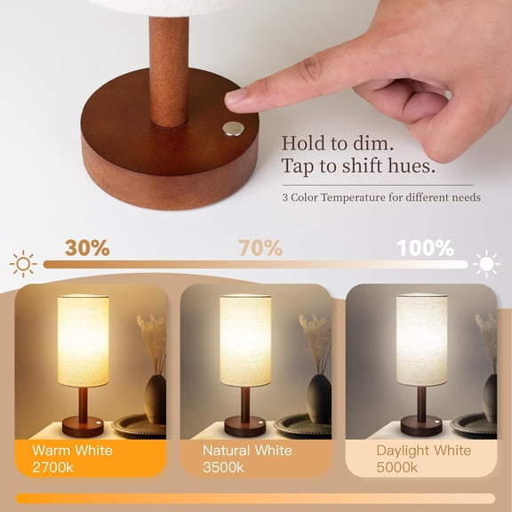 PYAN-Cordless Table Lamp, 3 Color Dimming Portable Battery Lamp, Touch Control Wood Base Small Bedside Lamps for Night Stands, Living Room, Office(LED Bulb Included) (Cordless Wood Base)