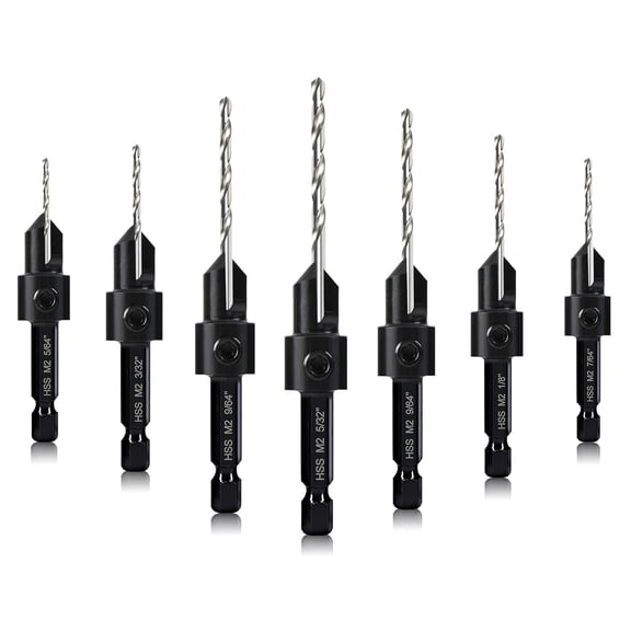 PYAN-Countersink Drill Bit Set, 7-Piece Woodworking M2 Countersink Drill Bits for #4, 6, 8, 10, 12, 14 Screws, 82-Degree Chamfer, Hex Shank, 2 Allen Wrenches, HSS Drill Bits Detachable Depth Adjus
