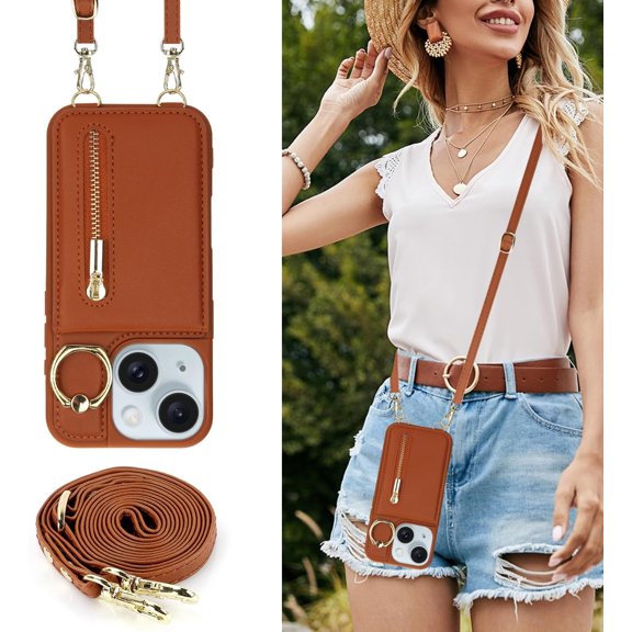 PYAN-Crossbody Wallet Case for iPhone 14 Plus/15 Plus with Lanyard Strap Card Slot Holder RFID Blocking,Magnetic Flip Folio Zipper Purse Case, PU Leather Cover Handbag,Brown