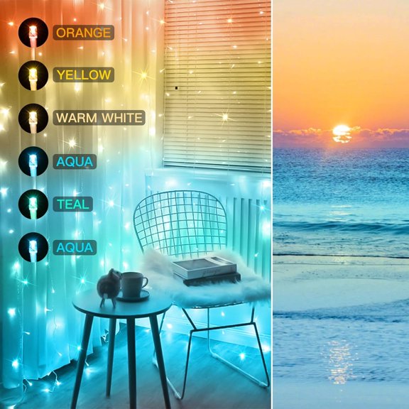 PYAN-Curtain Lights, 180 Led 6.5 * 5.9ft Sunset Curtain Fairy Lights USB, Hanging Lights for Bedroom, Backdrop, Room Decor, Wall, Window, Party, Tapestry, Multicolor